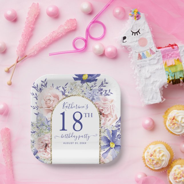 Pink Purple Floral God Frame 18th Birthday Party Paper Plate (Party)