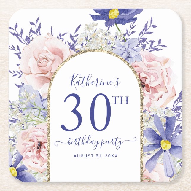 Pink Purple Floral God Frame 30th Birthday Party Square Paper Coaster (Front)