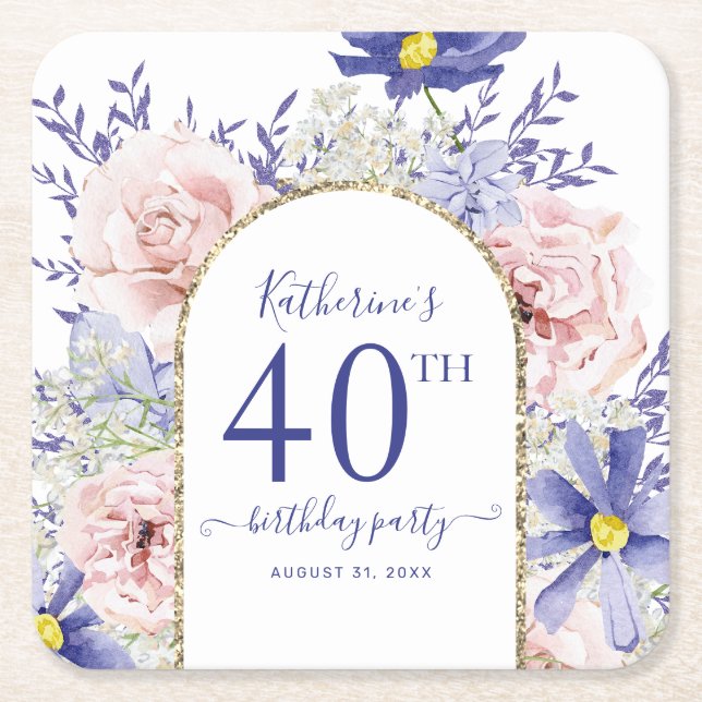 Pink Purple Floral God Frame 40th Birthday Party Square Paper Coaster (Front)
