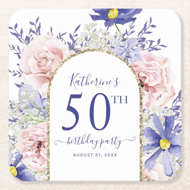 Pink Purple Floral God Frame 50th Birthday Party Square Paper Coaster (Front)
