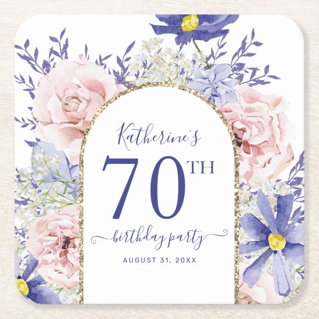 Pink Purple Floral God Frame 70th Birthday Party Square Paper Coaster (Front)