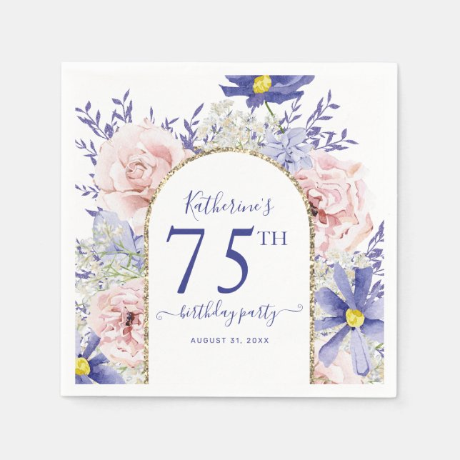 Pink Purple Floral God Frame 75th Birthday Party Napkin (Front)
