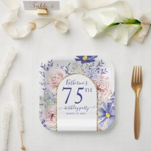 Pink Purple Floral God Frame 75th Birthday Party Paper Plate