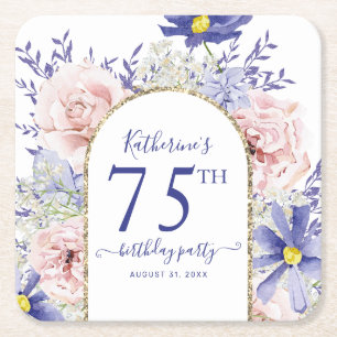 Pink Purple Floral God Frame 75th Birthday Party Square Paper Coaster
