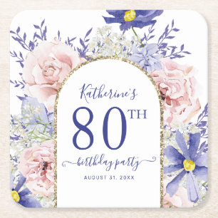 Pink Purple Floral God Frame 80th Birthday Party Square Paper Coaster