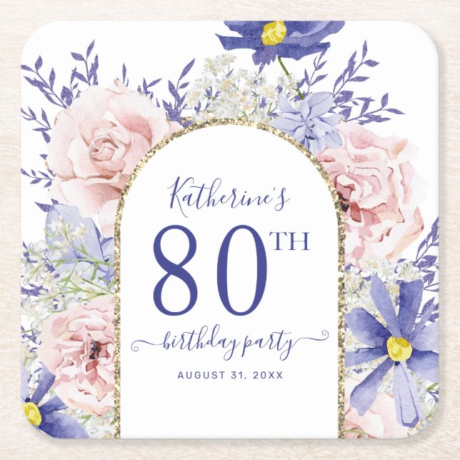 Pink Purple Floral God Frame 80th Birthday Party Square Paper Coaster (Front)