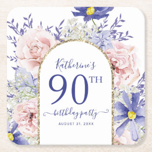 Pink Purple Floral God Frame 90th Birthday Party Square Paper Coaster