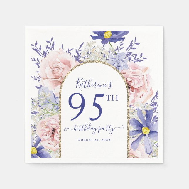 Pink Purple Floral God Frame 95th Birthday Party Napkin (Front)