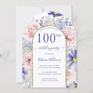 Pink Purple Floral Gold Arch 100th Birthday Party Invitation