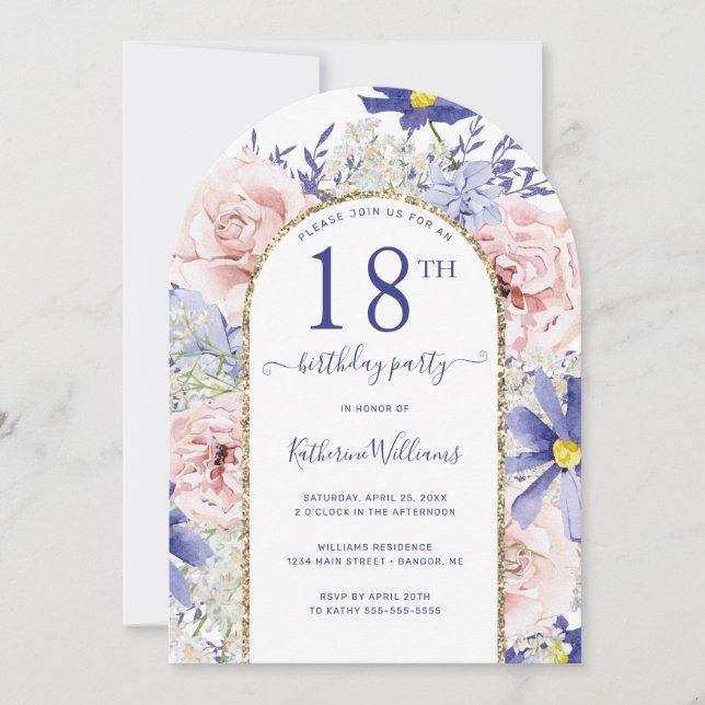 Pink Purple Floral Gold Arch 18th Birthday Party Invitation (Front)