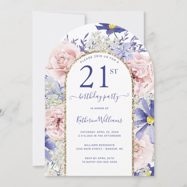 Pink Purple Floral Gold Arch 21st Birthday Party Invitation (Front)