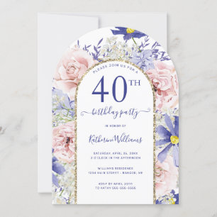 Pink Purple Floral Gold Arch 40th Birthday Party Invitation
