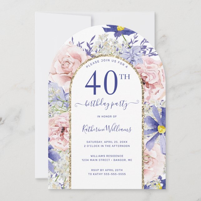 Pink Purple Floral Gold Arch 40th Birthday Party Invitation (Front)