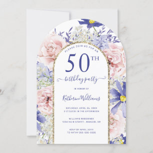 Pink Purple Floral Gold Arch 50th Birthday Party Invitation