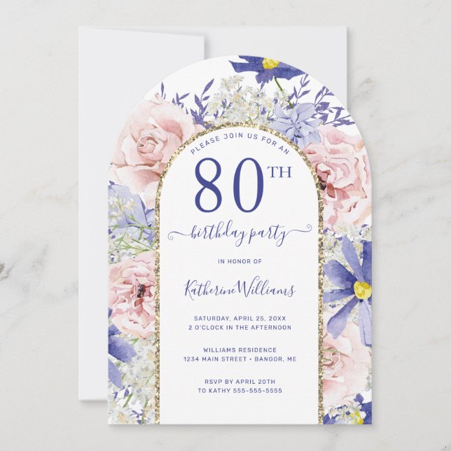Pink Purple Floral Gold Arch 80th Birthday Party Invitation (Front)