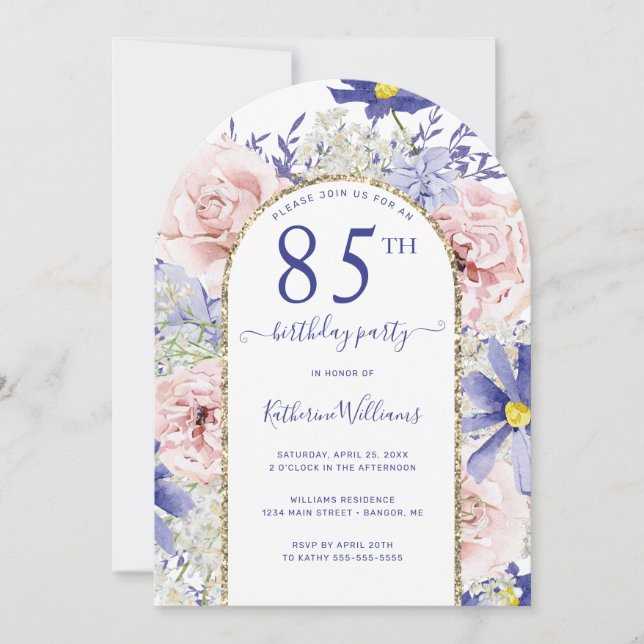 Pink Purple Floral Gold Arch 85th Birthday Party Invitation (Front)