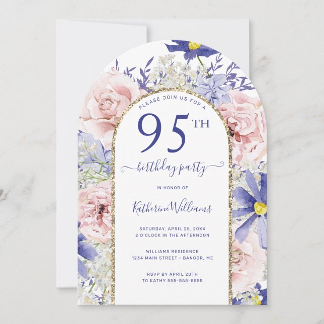 Pink Purple Floral Gold Arch 95th Birthday Party Invitation (Front)