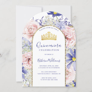 Pink Purple Floral Gold Arch Crown Quinceañera Invitation