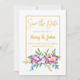 Pink Purple Floral Gold Frame Save The Date Card