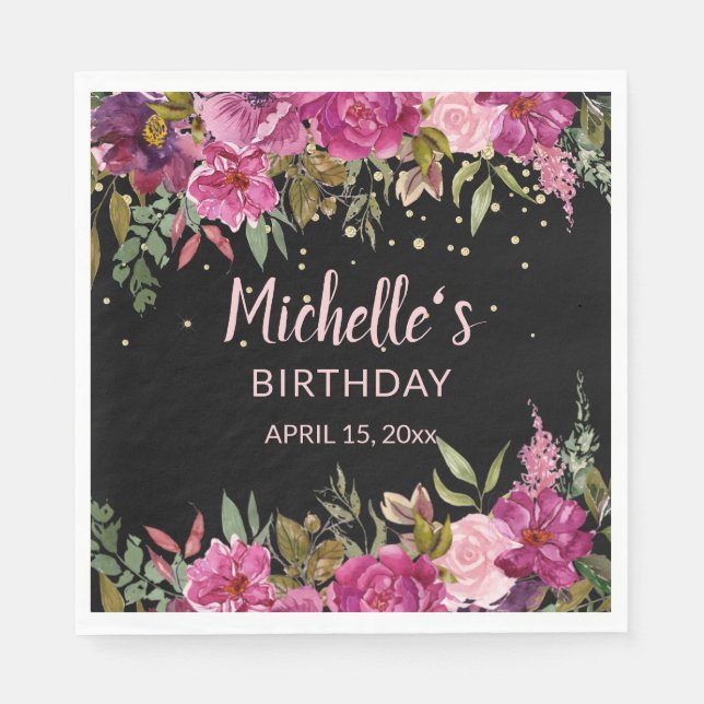 Pink Purple Floral Gold Glitter Black Birthday Napkin (Front)