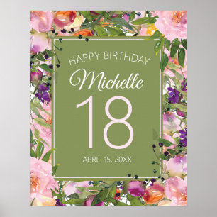 Pink Purple Floral Green Leaves 18th Birthday Poster