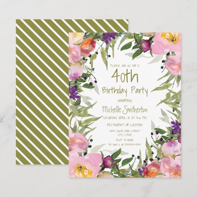 Pink Purple Floral Green Leaves 40th Birthday Card (Front/Back)