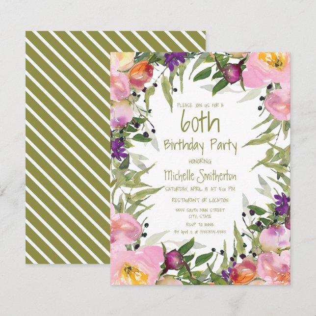 Pink Purple Floral Green Leaves 60th Birthday Card (Front/Back)