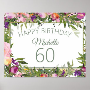Pink Purple Floral Green Leaves 60th Birthday Poster