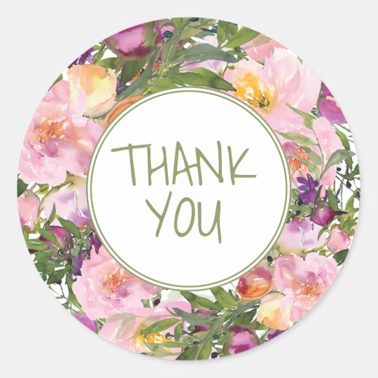Pink Purple Floral Green Leaves Thank You Classic Round Sticker ...