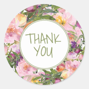 Pink Purple Floral Green Leaves Thank You Classic Round Sticker
