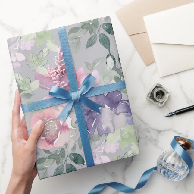 Pink Purple Floral Grey Background Wrapping Paper (Gifting)