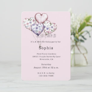 Pink Purple Floral Heart Balloons Birthday Invitation