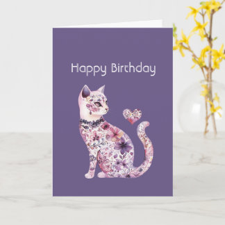 Pink Purple Floral Heart Cat Birthday Card