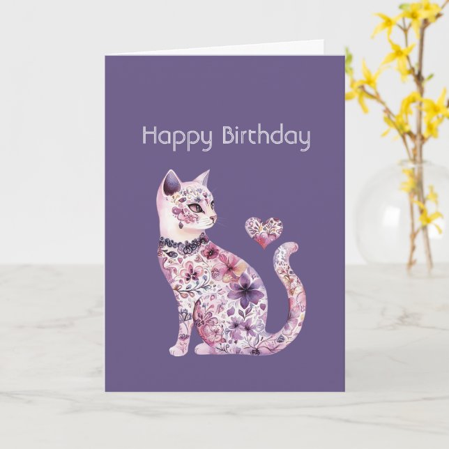Pink Purple Floral Heart Cat Birthday Card (Yellow Flower)