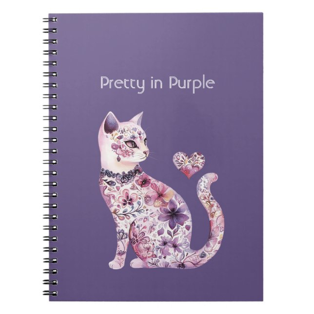 Pink Purple Floral Heart Cat Birthday Notebook (Front)