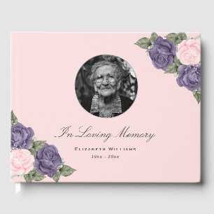 Pink Purple Floral In Loving Memory Funeral Photo Guest Book