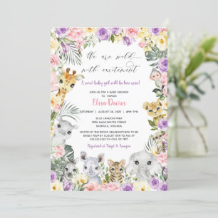 Pink Purple Floral Jungle Animals Girl Baby Shower Invitation
