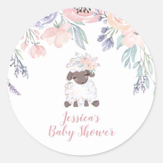 Pink Purple Floral Lamb Girl Baby Shower Classic Round Sticker (Front)