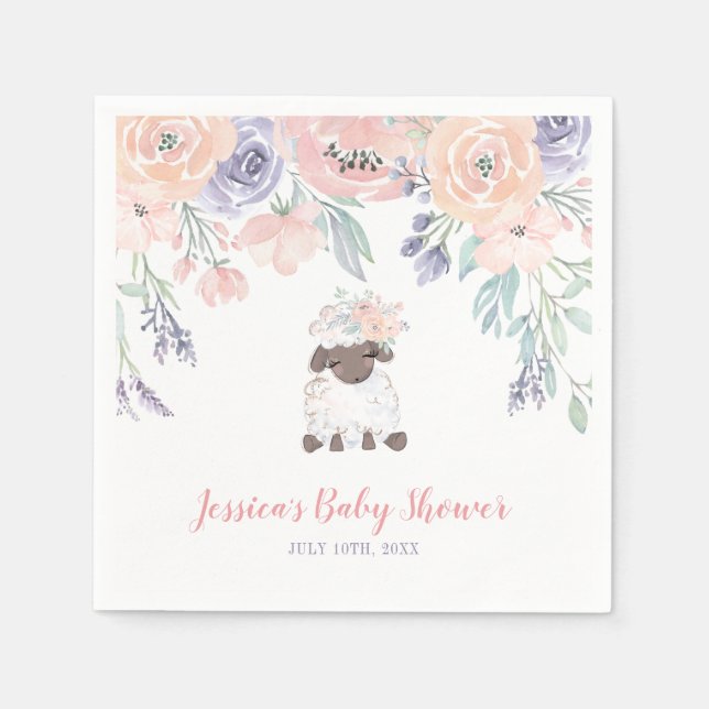 Pink Purple Floral Lamb Girl Baby Shower Napkin (Front)