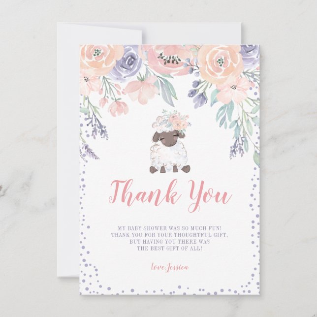 Pink Purple Floral Lamb Girl Baby Shower Thank You Card (Front)