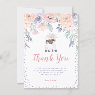 Pink Purple Floral Lamb Girl Baby Shower Thank You Card