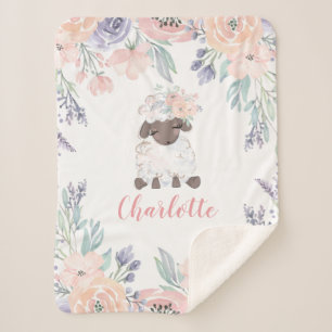 Pink Purple Floral Lamb Personalised Girl Baby Sherpa Blanket