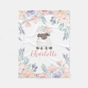 Pink Purple Floral Lamb Personalised Girl Fleece Blanket