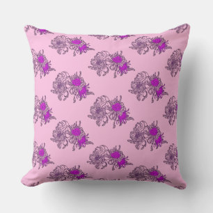 Pink Purple Floral Line Art Pillow