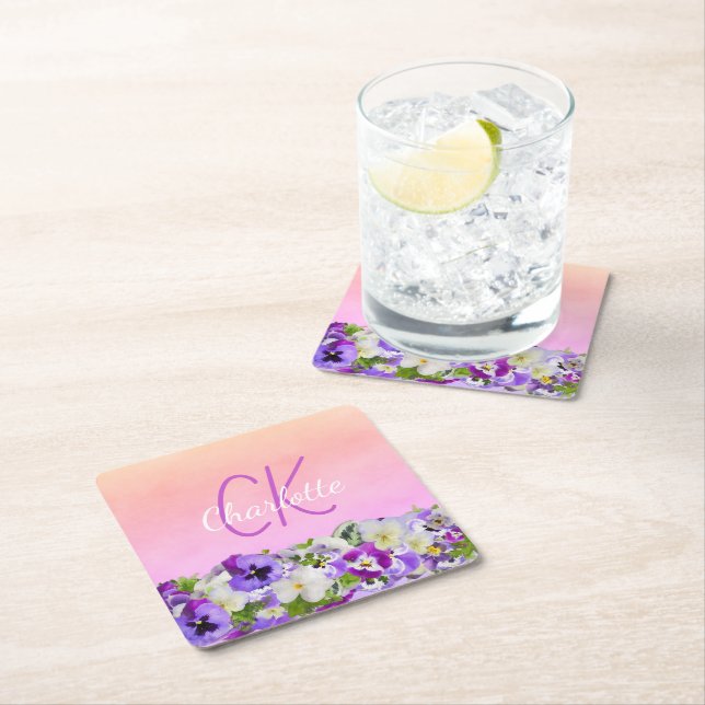 Pink purple floral name monogram script square paper coaster (Insitu)