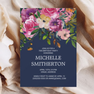 Pink Purple Floral Navy Blue 70th Birthday Invitat Invitation