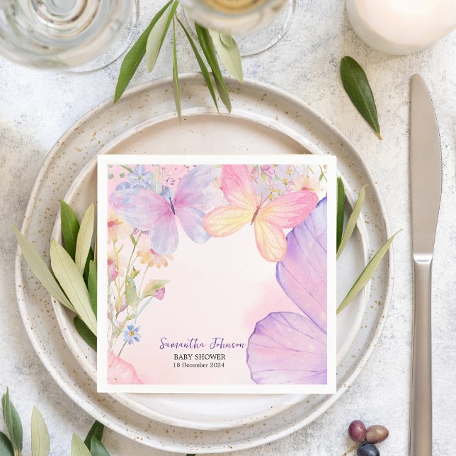  Pink Purple Floral Oh Baby Butterfly Baby shower  Napkin (Creator Uploaded)