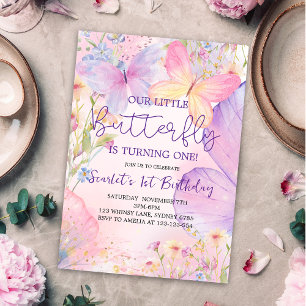 Pink Purple Floral Our Little Butterfly Birthday Invitation