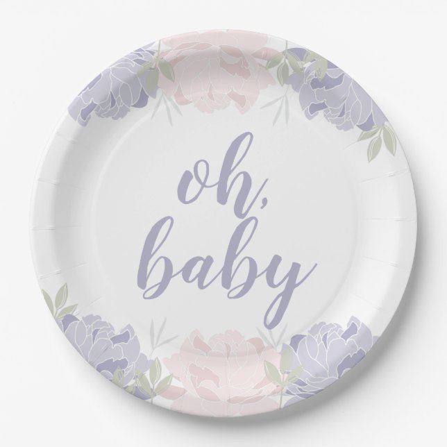 Pink & Purple Floral Peonies Oh Baby Baby Shower Paper Plate (Front)