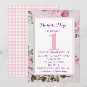 Pink Purple Floral Plaid First Birthday Invitation